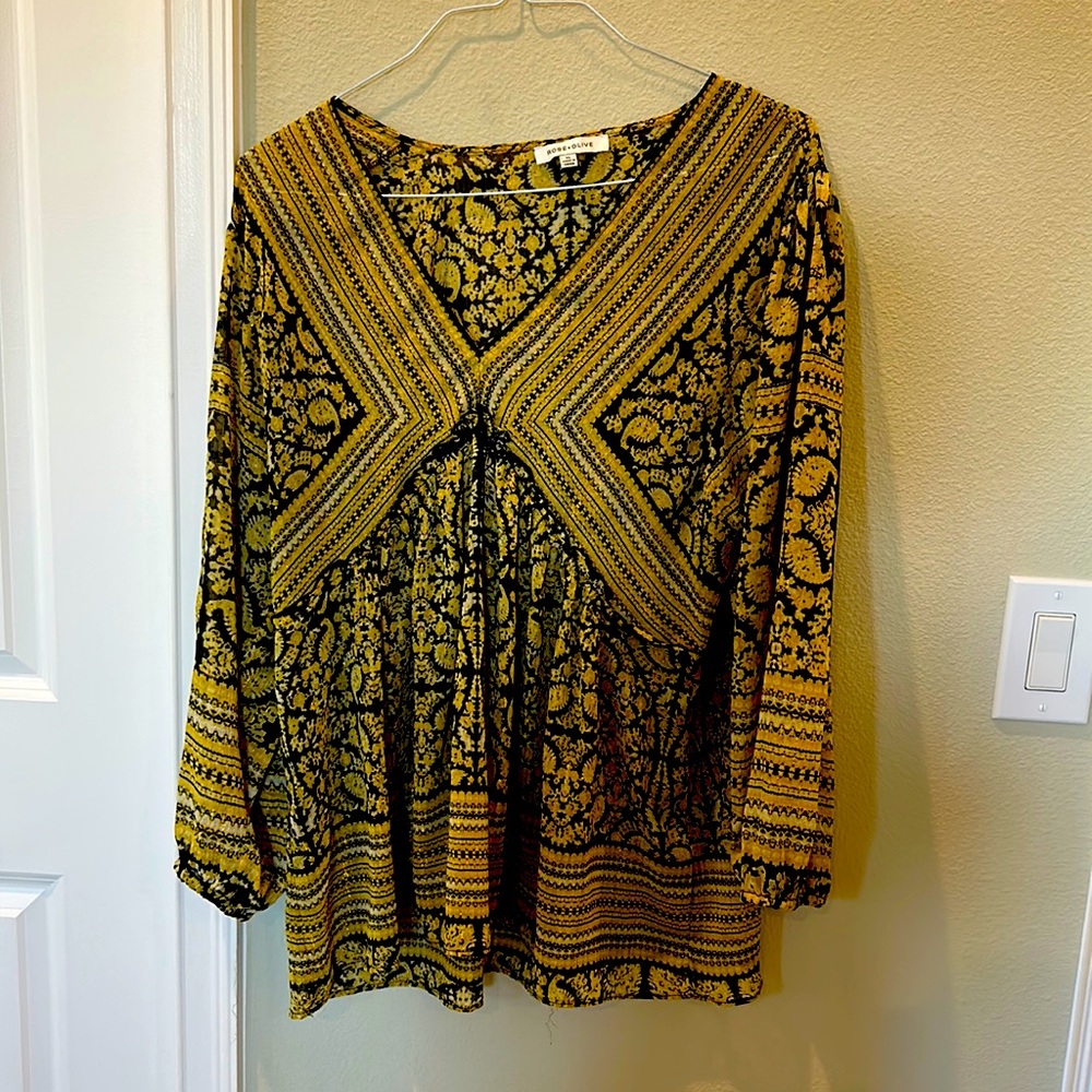 Rose + Olive multicolor paisley + stripes see thru long sleeve v neck tunic